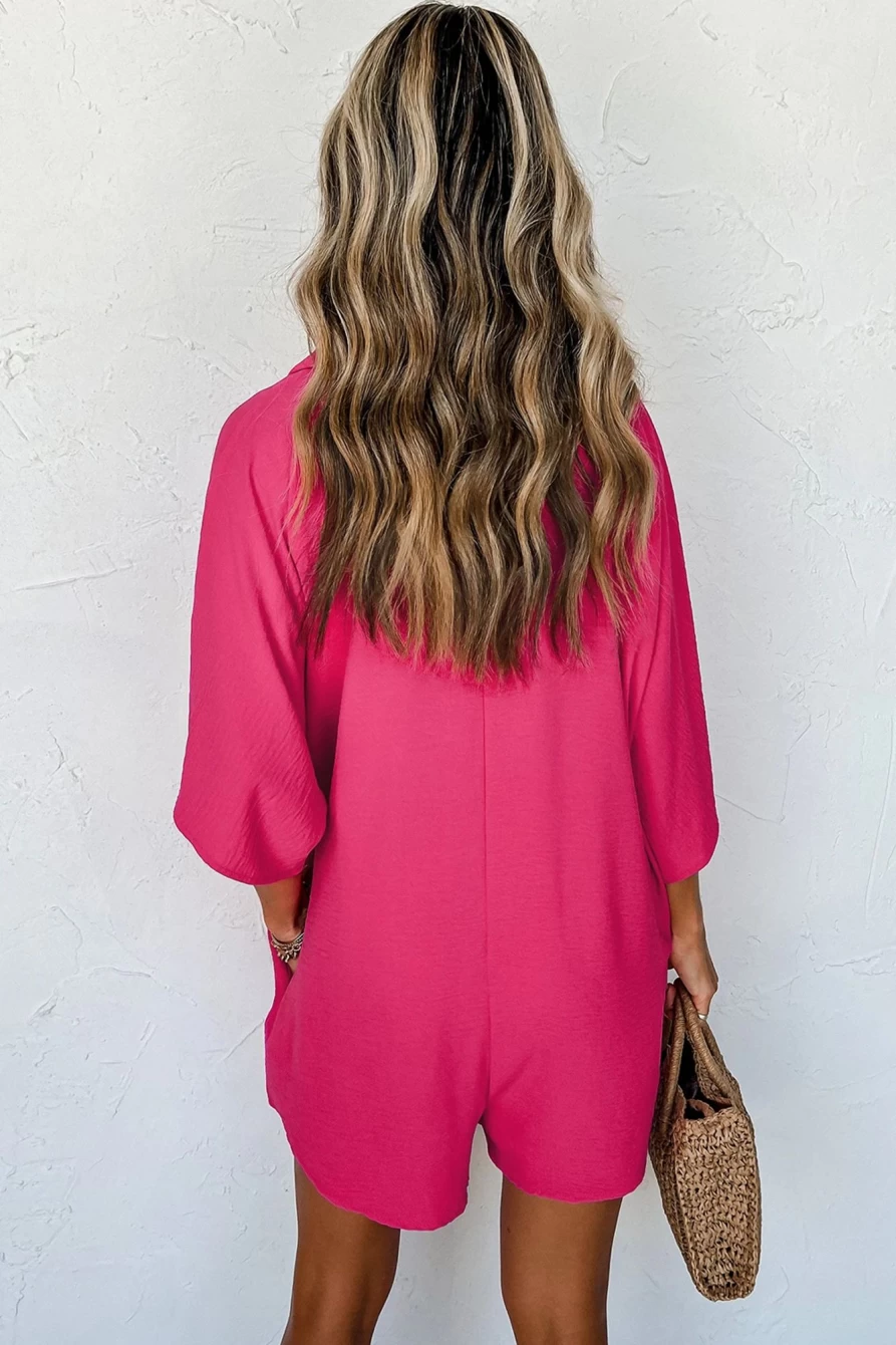 Shewin Women's Bright Pink Plain Half Button Collar Loose Romper with Pocket