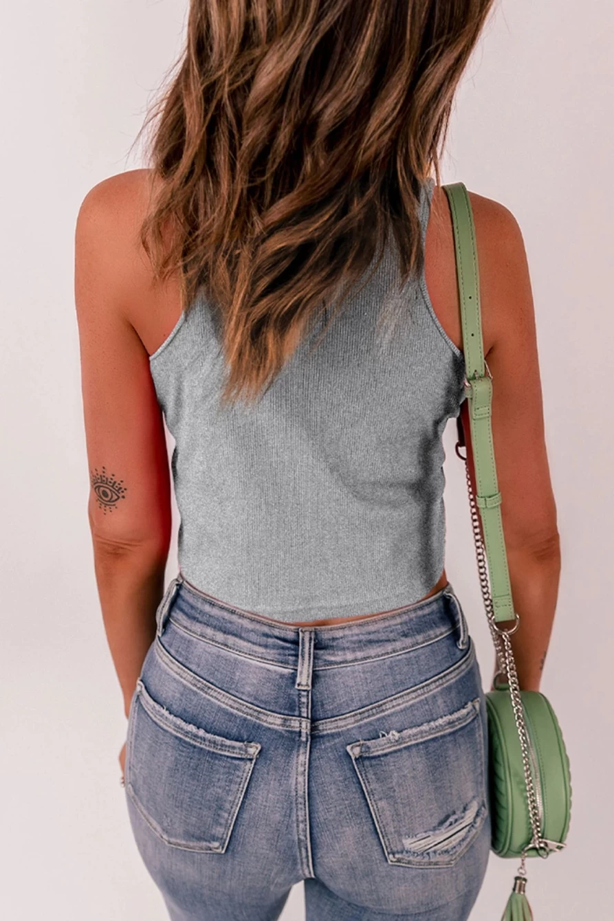 Shewin Women's Gray Ribbed Knit Cropped Tank Top - Basic Stretch Fit Casual Wear