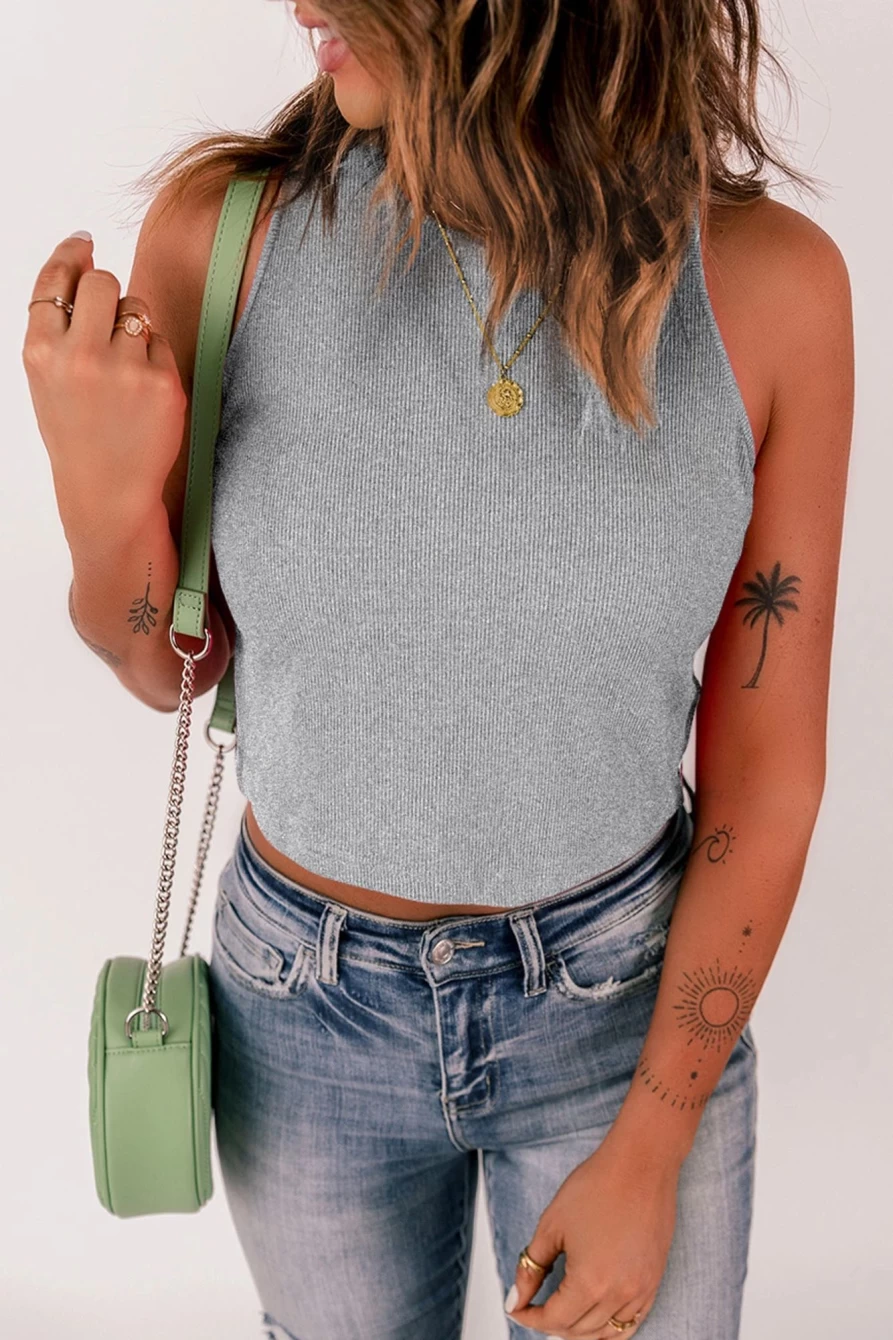 Shewin Women's Gray Ribbed Knit Cropped Tank Top - Basic Stretch Fit Casual Wear