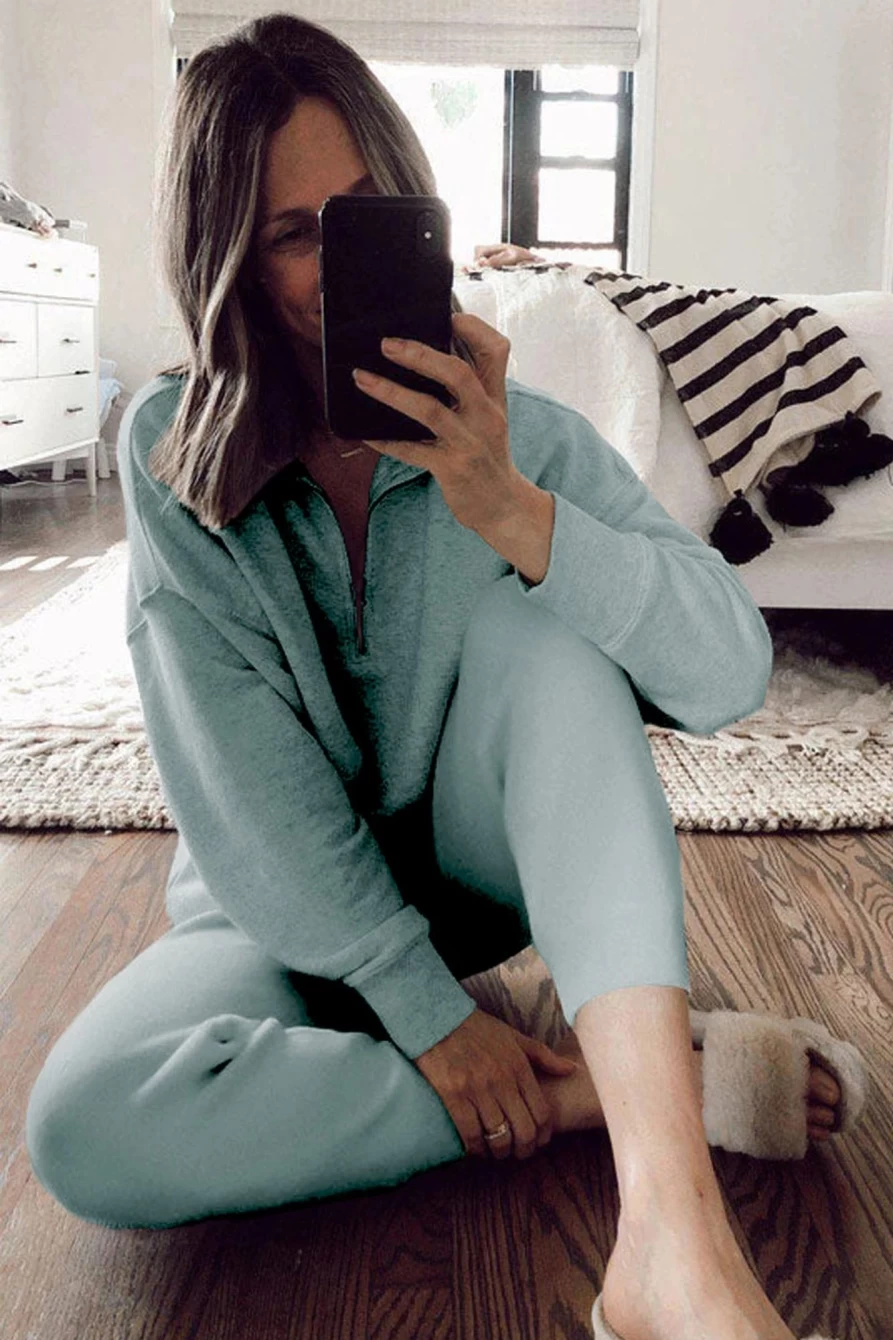 "Shewin Women's Iceland Blue Solid Half Zip Top & Drawstring Pants Lounge Set"