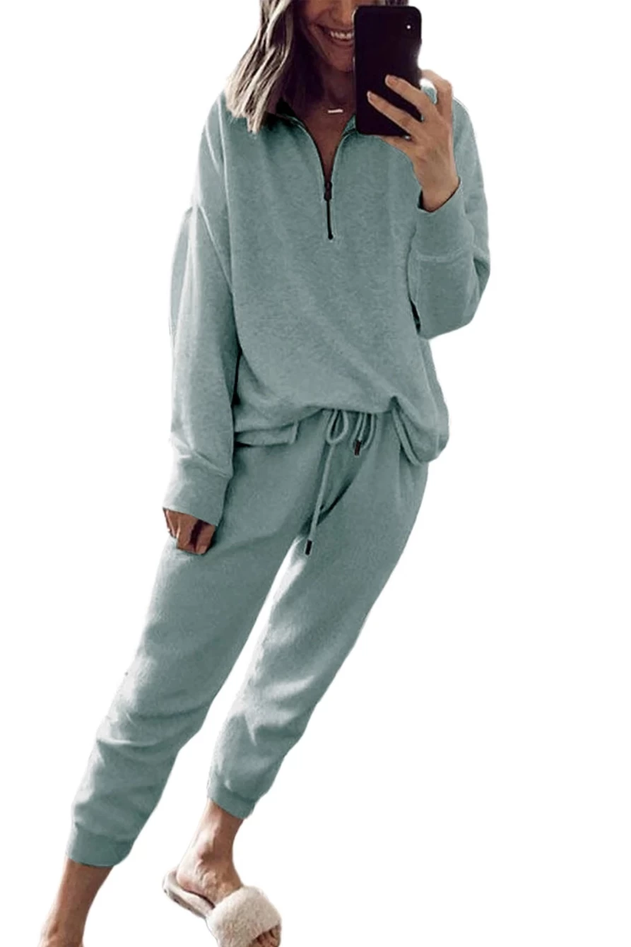"Shewin Women's Iceland Blue Solid Half Zip Top & Drawstring Pants Lounge Set"