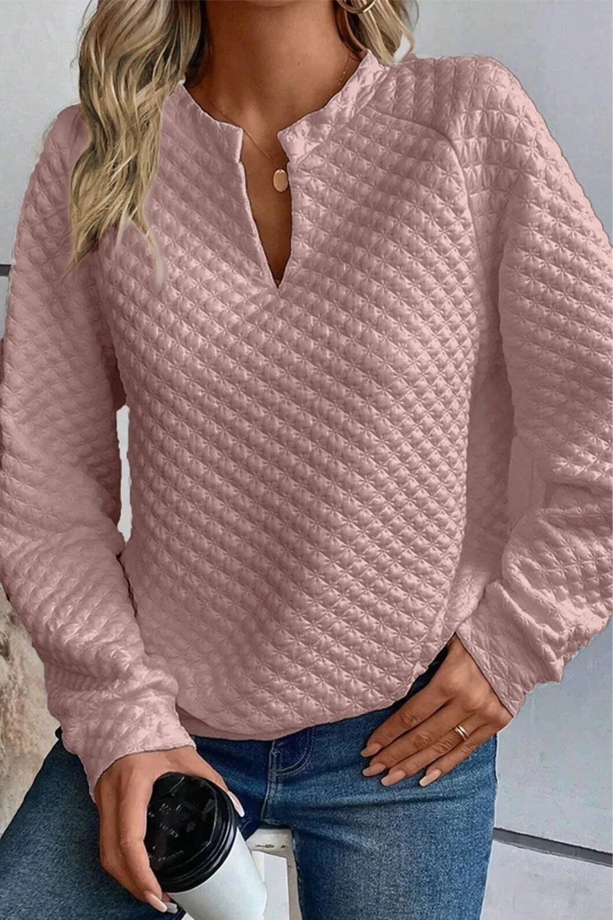 Shewin Women's Light Pink Quilted V-Neck Long Sleeve Solid Color Top