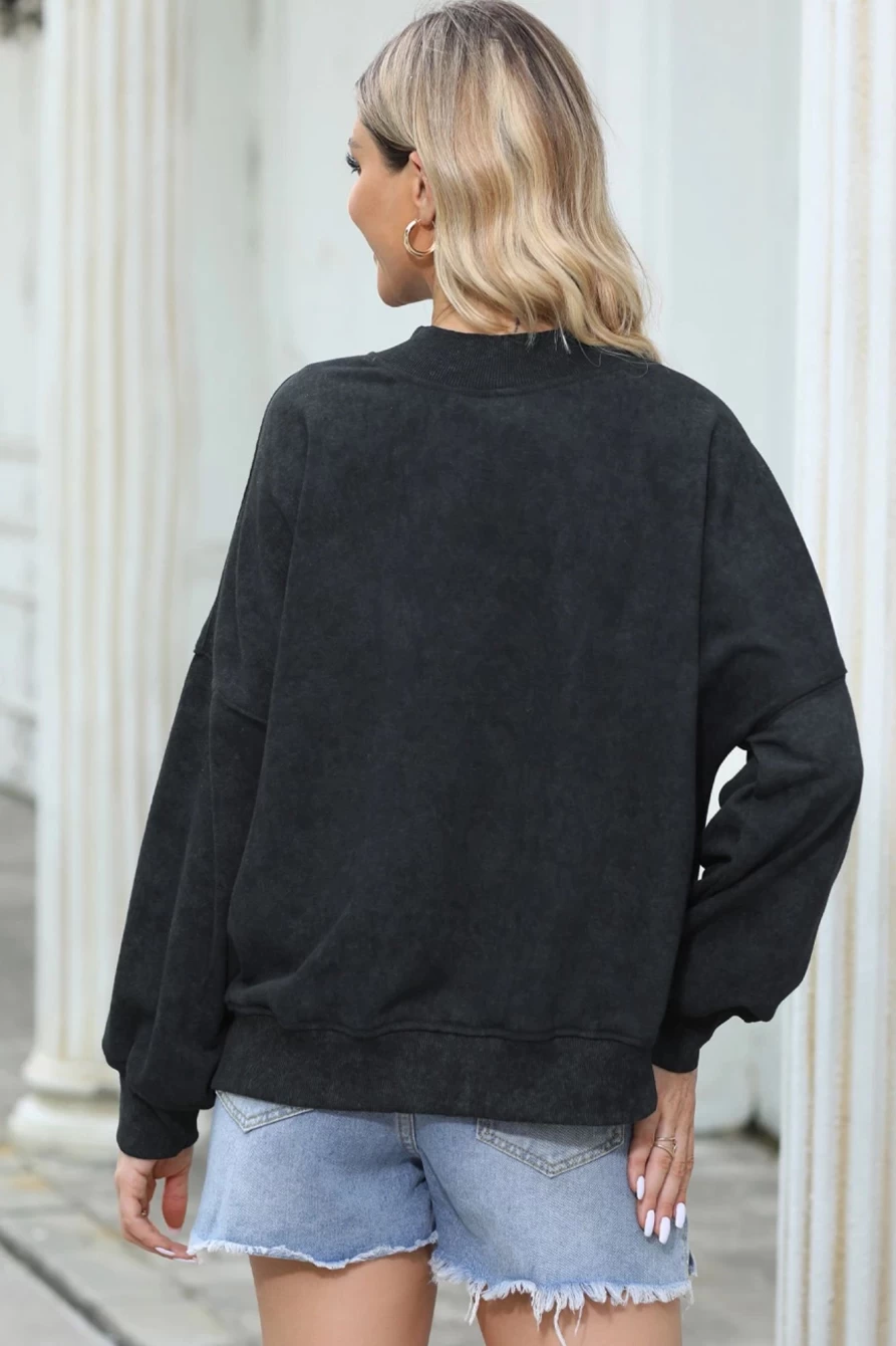 Women's Black Rugby Print Graphic Drop Shoulder Sweatshirt - Shewin Oversized Crewneck Pullover