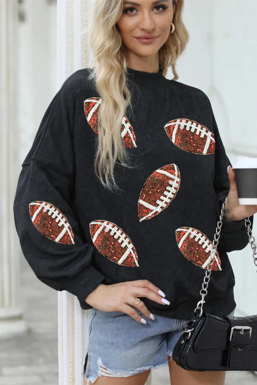 Women's Black Rugby Print Graphic Drop Shoulder Sweatshirt - Shewin Oversized Crewneck Pullover