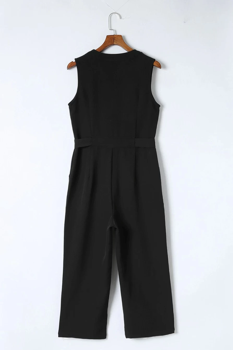 Shewin Women's Black Buttoned Sleeveless Cropped Jumpsuit with Sash