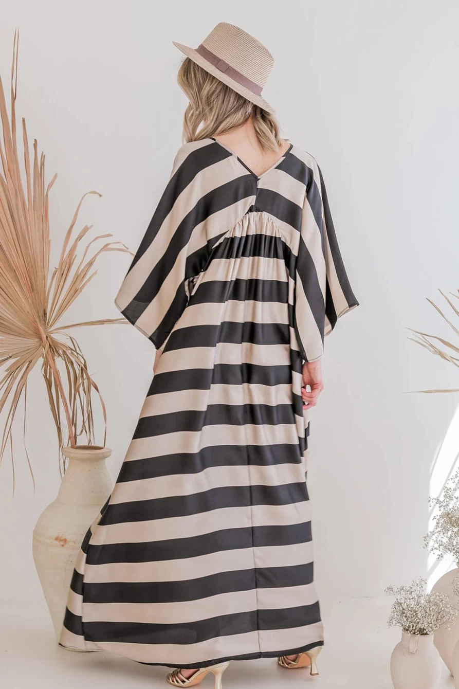 Shewin Women's Black Striped Colorblock Flounce Sleeve Floor Length Dress