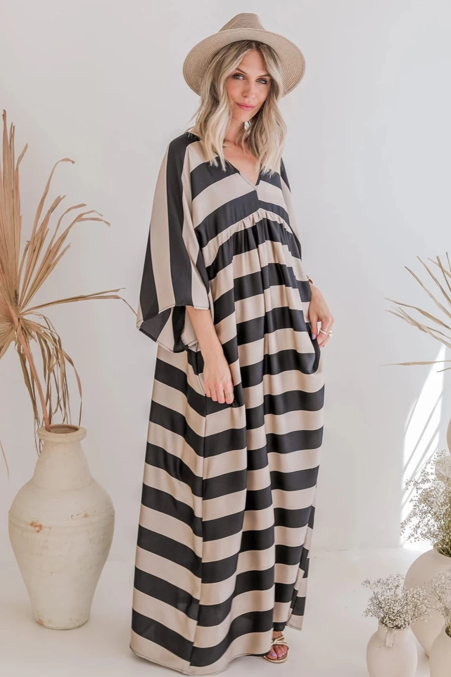 Shewin Women's Black Striped Colorblock Flounce Sleeve Floor Length Dress