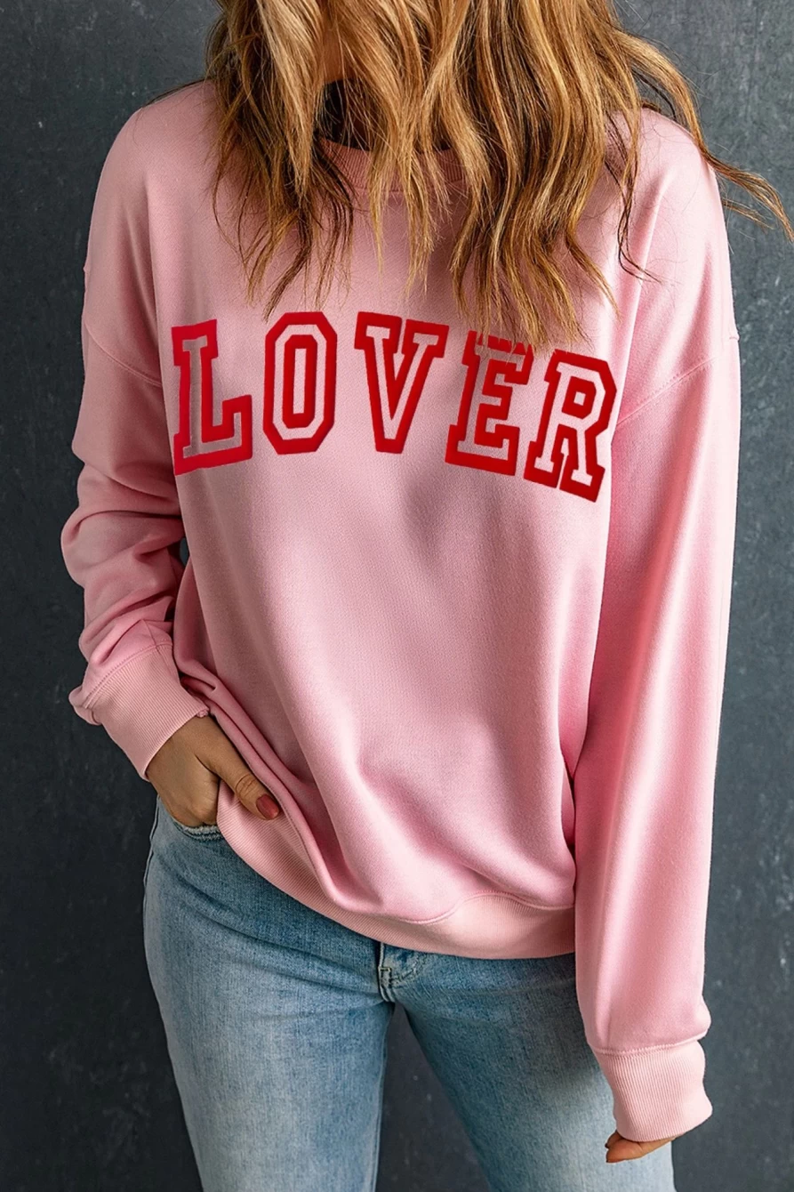 "SheWin Women's Pink Lover Letter Graphic Oversized Drop Shoulder Sweatshirt"