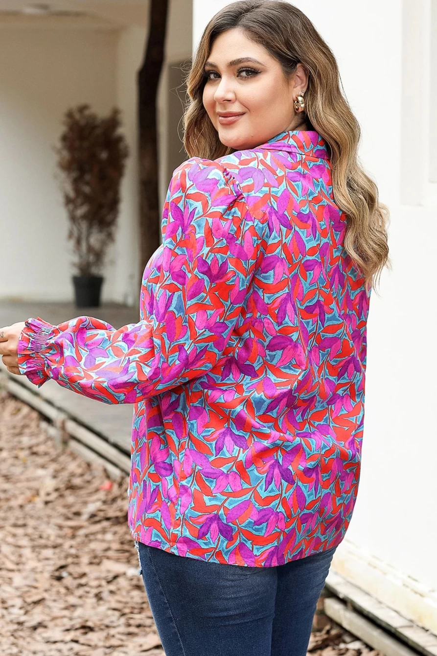 Shewin Women's Plus Size Floral Print Blouse with Ruffled Puff Sleeves in Multicolor