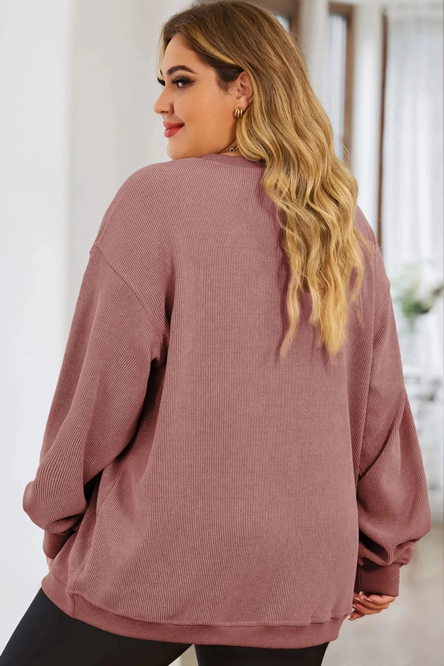 Shewin Women's Pink Christmas Graphic Print Plus Size Sweatshirt with Corded Design