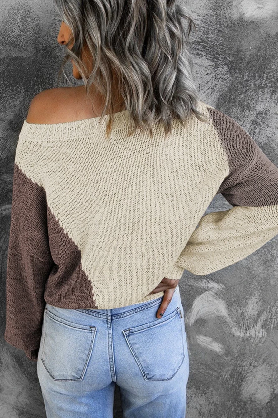 "Women's Beige Asymmetric Colorblock Knit Sweater | SHEWIN"
