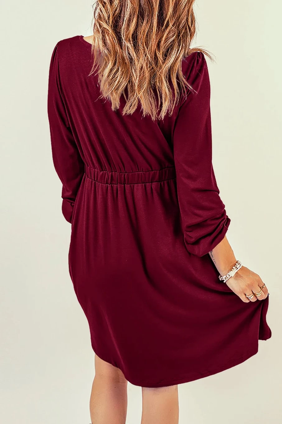 Shewin Women's Red Burgundy Scoop Neck Button Front Long Sleeve Dress with Pockets