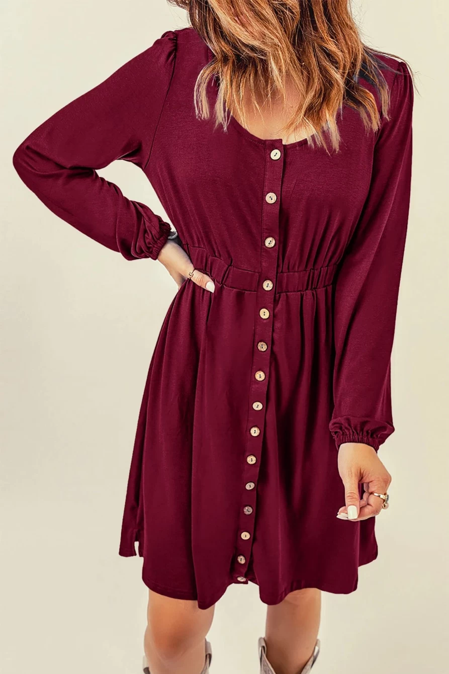 Shewin Women's Red Burgundy Scoop Neck Button Front Long Sleeve Dress with Pockets