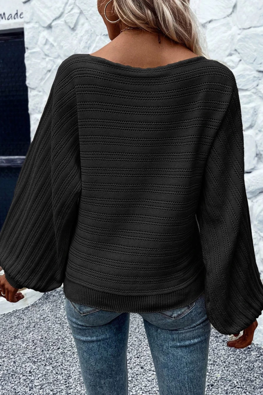 "Women's Black Lantern Sleeve Eyelets Knit Sweater | Shewin"