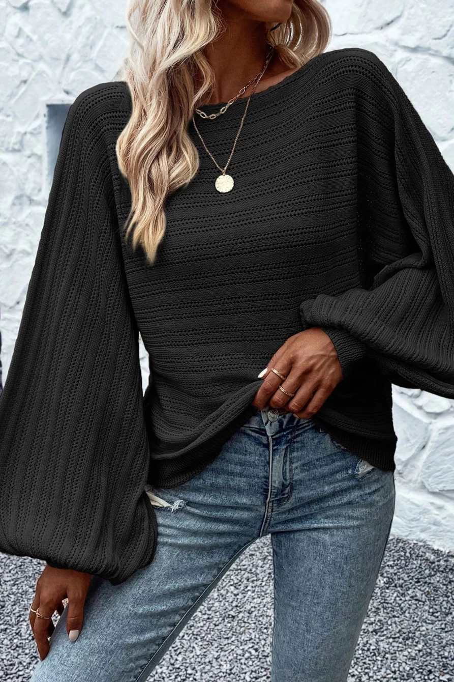 "Women's Black Lantern Sleeve Eyelets Knit Sweater | Shewin"