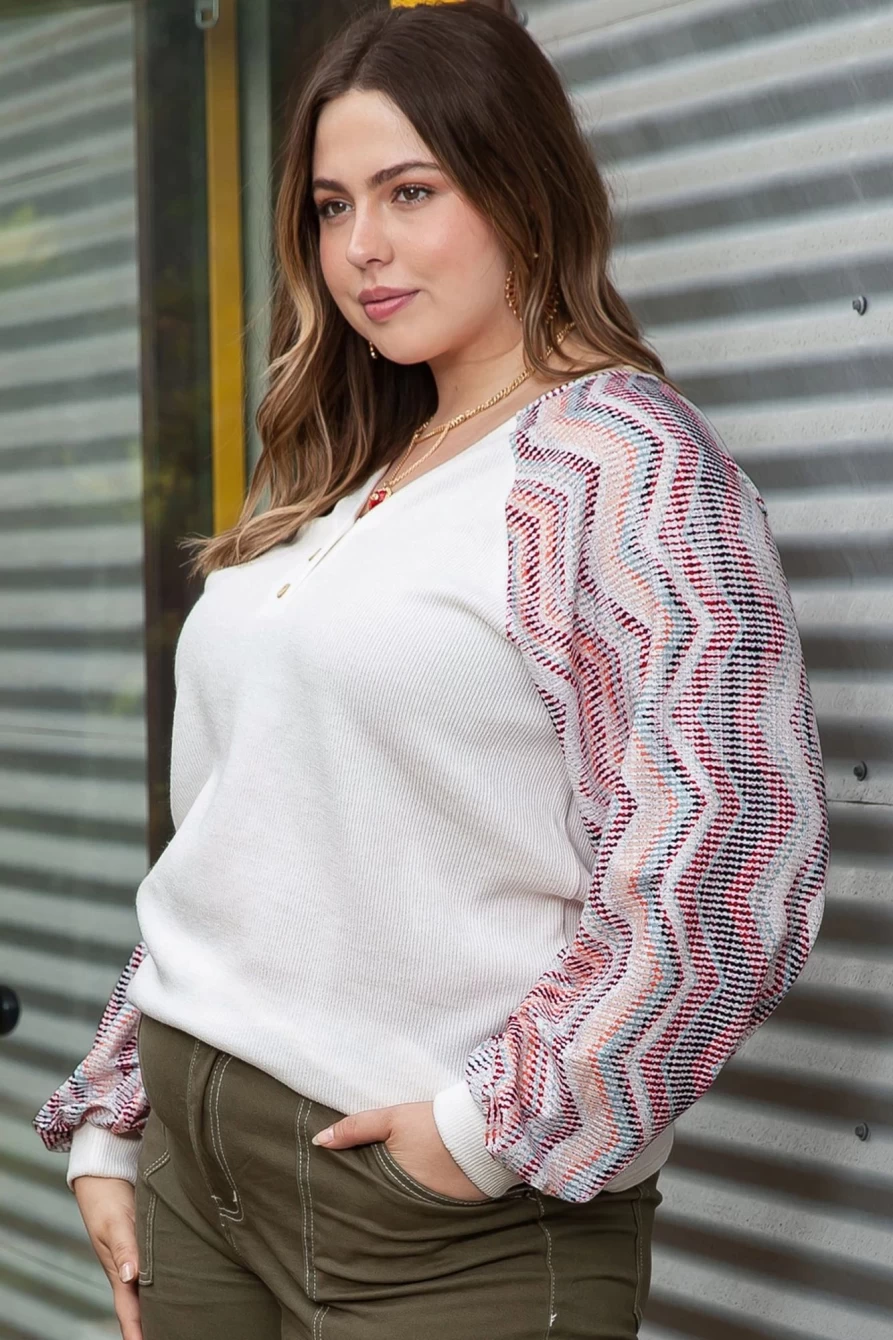 Shewin Women's Beige Plus Size Geometric Contrast Sleeve Top