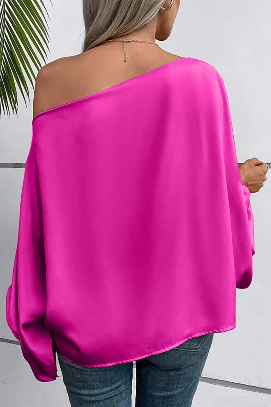 Shewin Women's Bright Pink Asymmetrical Neck Lantern Sleeve Solid Color Blouse