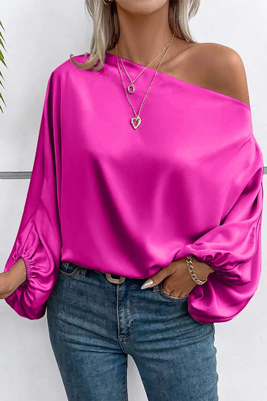 Shewin Women's Bright Pink Asymmetrical Neck Lantern Sleeve Solid Color Blouse