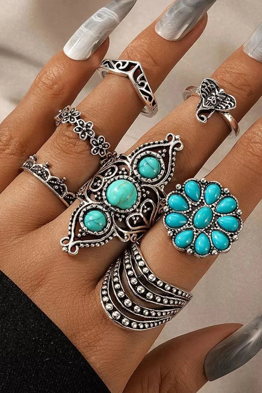 Shewin Women's Vintage Floral Geometric Turquoise Ring Set - 7Pcs Green Bohemian Jewelry Collection