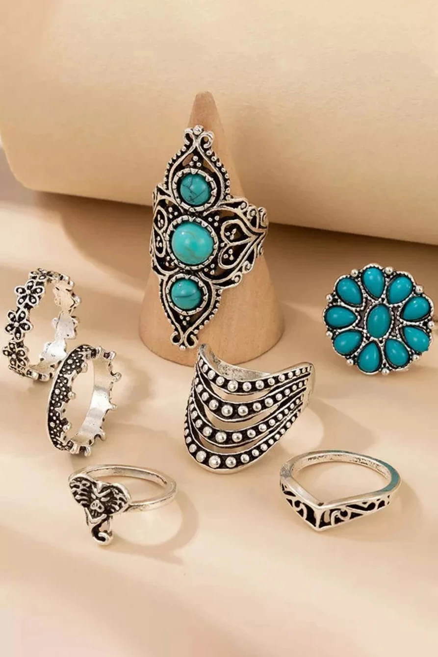 Shewin Women's Vintage Floral Geometric Turquoise Ring Set - 7Pcs Green Bohemian Jewelry Collection