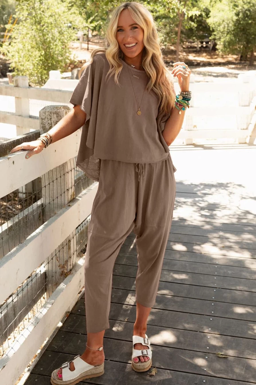 Shewin Women's Simply Taupe Batwing Sleeve High-Low T-Shirt & Drawstring Crop Pants Outfit Set