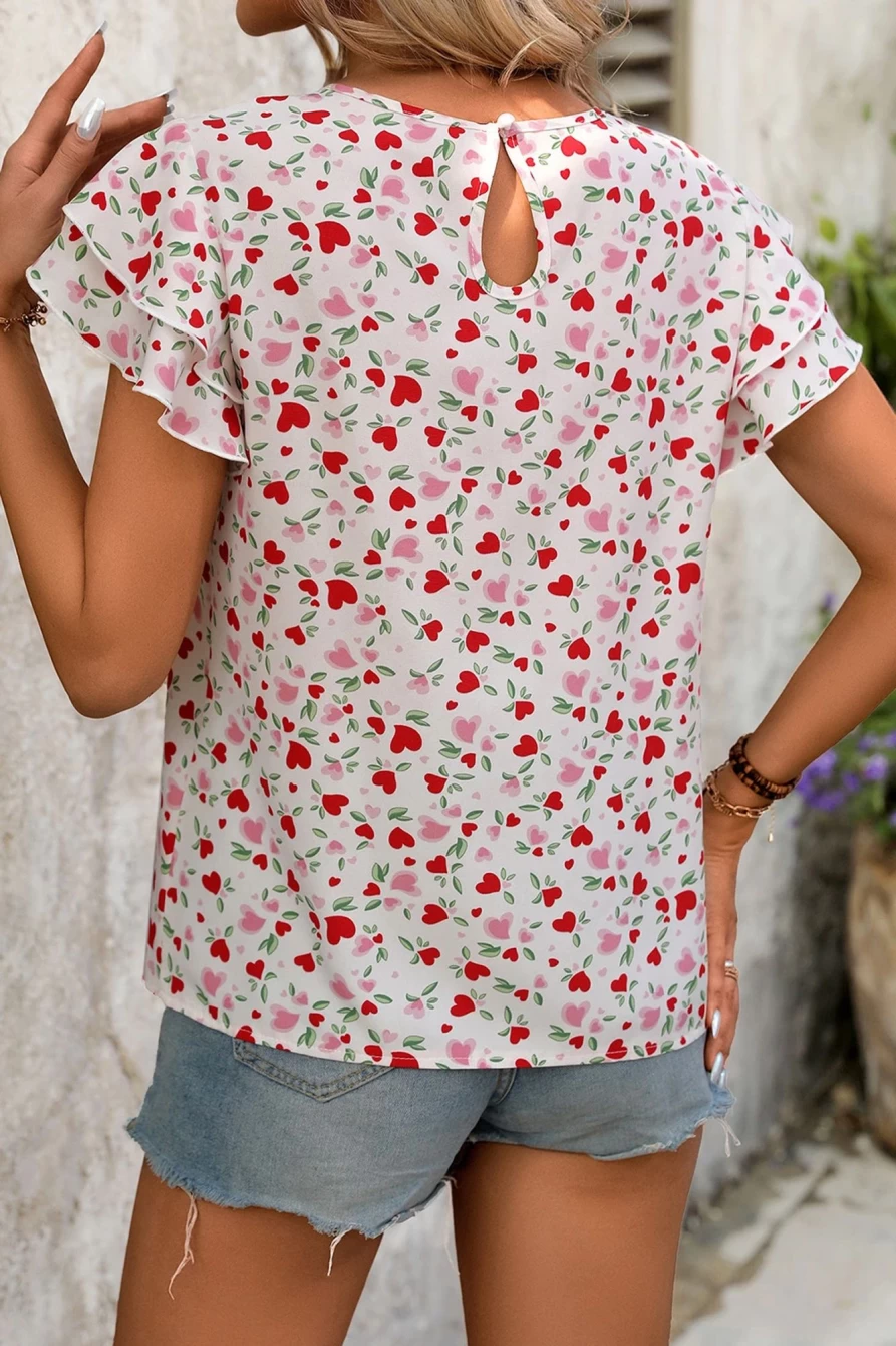 "Shewin Women's Multicolour Heart Print Keyhole Neckline Ruffle Sleeve Blouse"