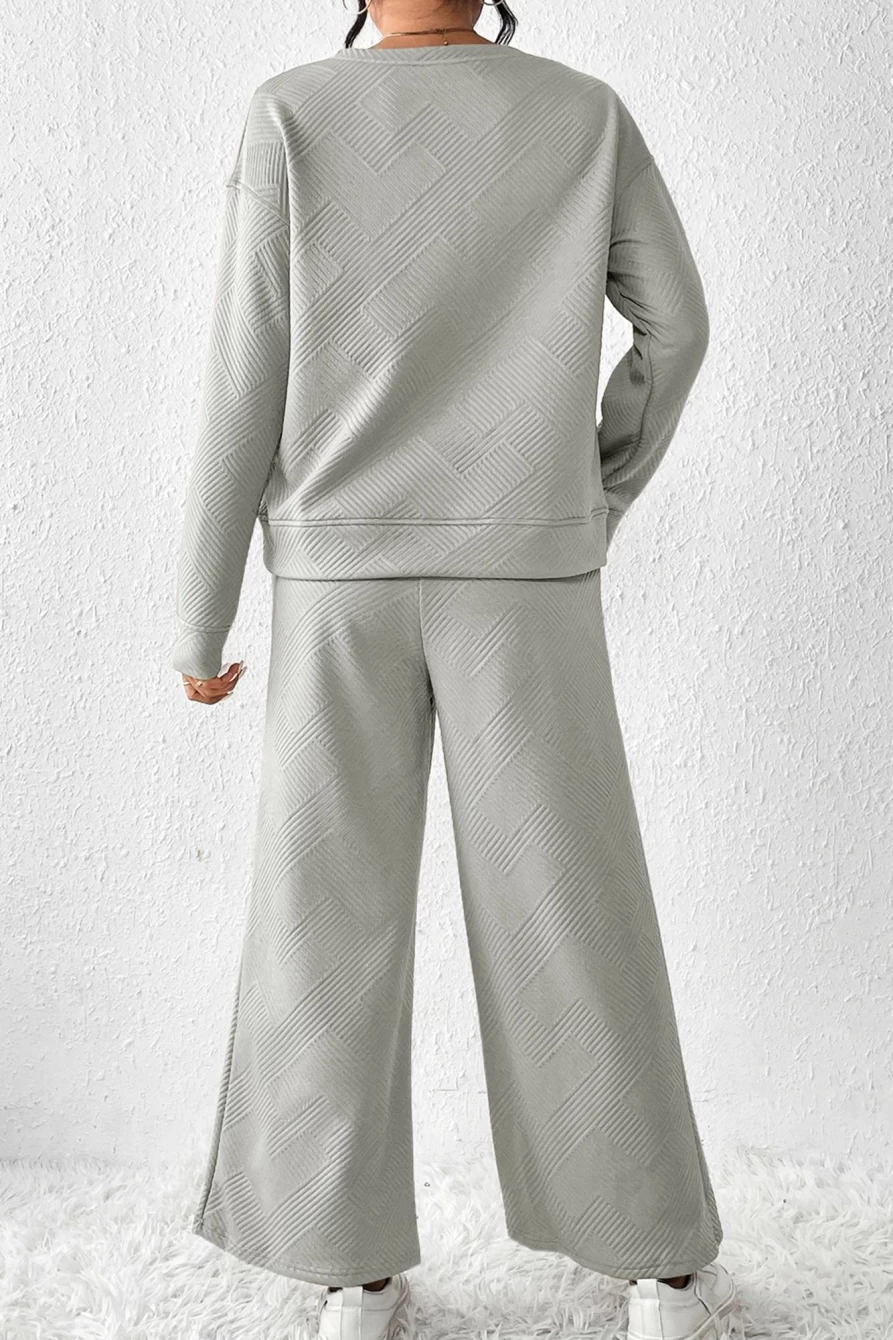 Shewin Women's Gray Textured Loose Slouchy Long Sleeve Top and Pants Set
