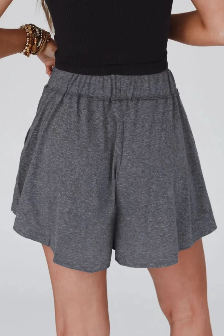 Shewin Women's Gray Elastic Waist Culotte Shorts with Side Pockets