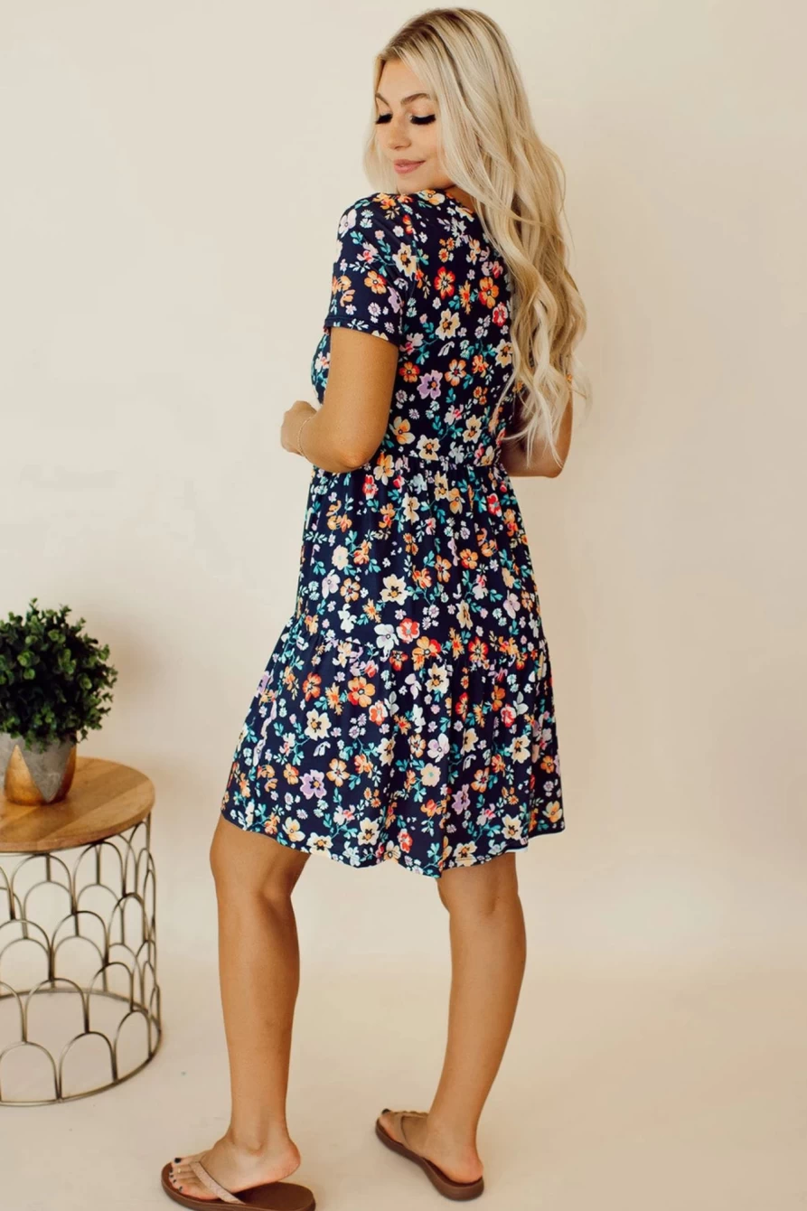 Shewin Women's Blue Boho Floral Smocked Waist A-Line Mini Dress