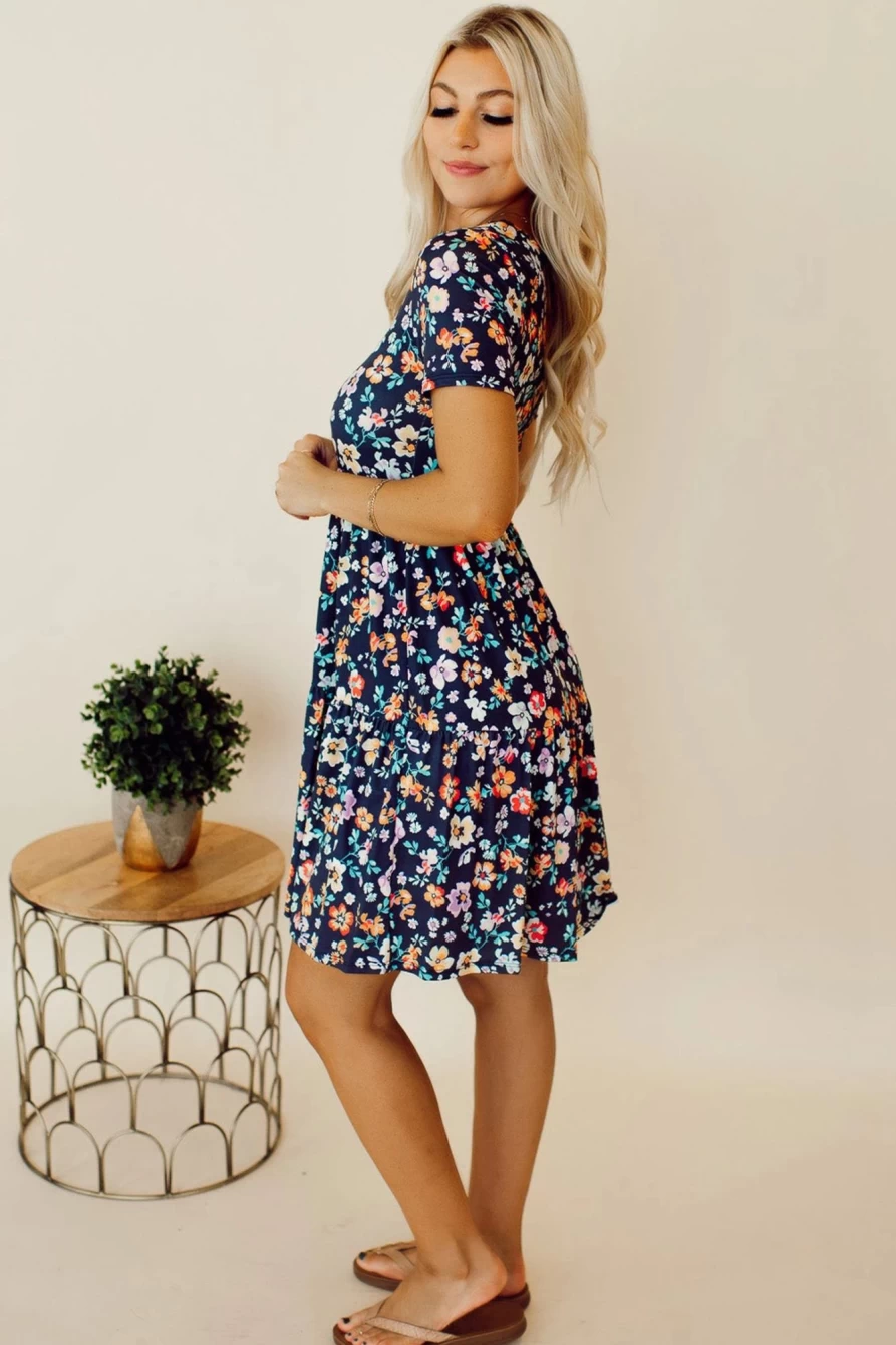 Shewin Women's Blue Boho Floral Smocked Waist A-Line Mini Dress