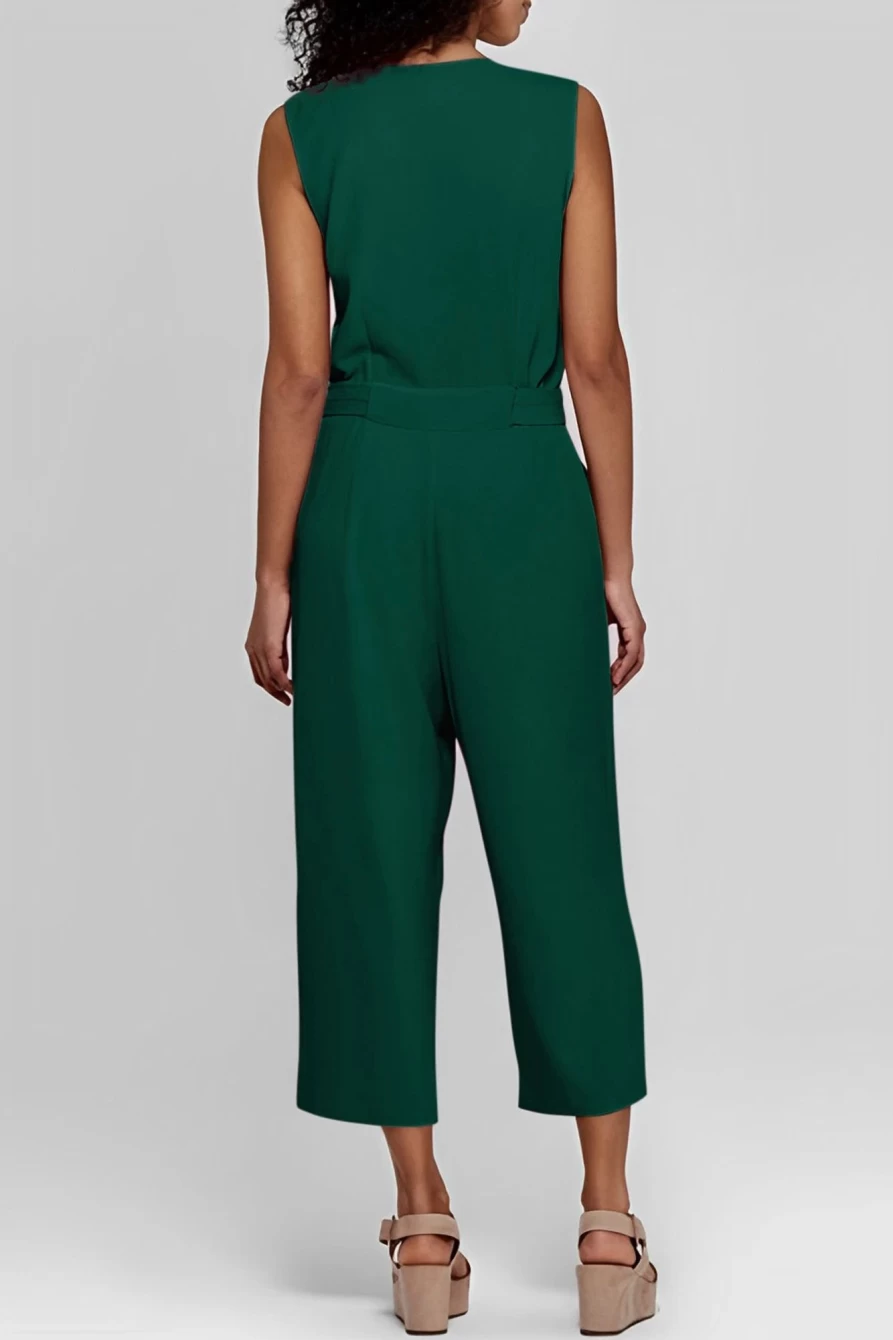 Women's Green Buttoned Sleeveless Cropped Jumpsuit with Sash - Shewin