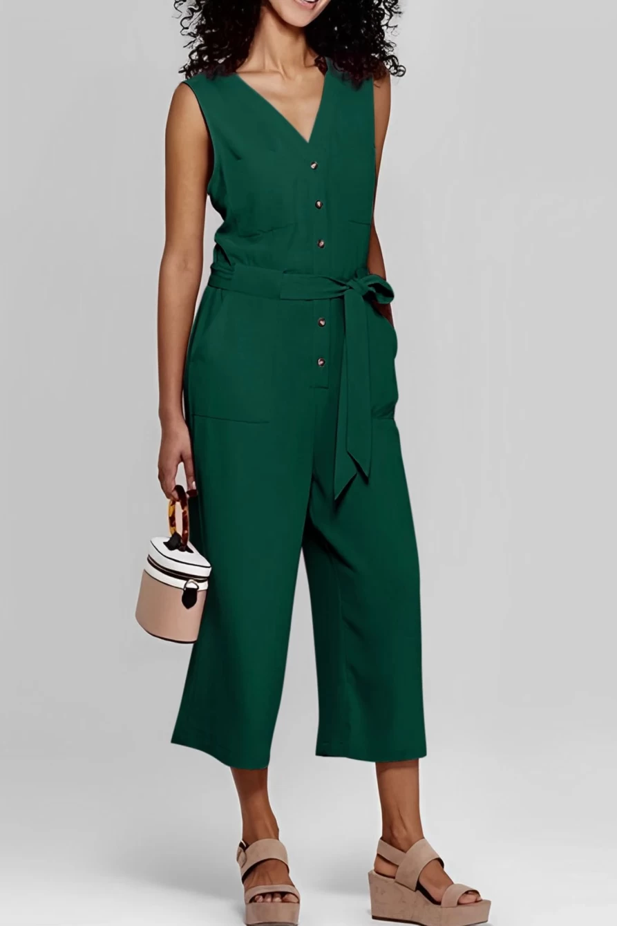 Women's Green Buttoned Sleeveless Cropped Jumpsuit with Sash - Shewin