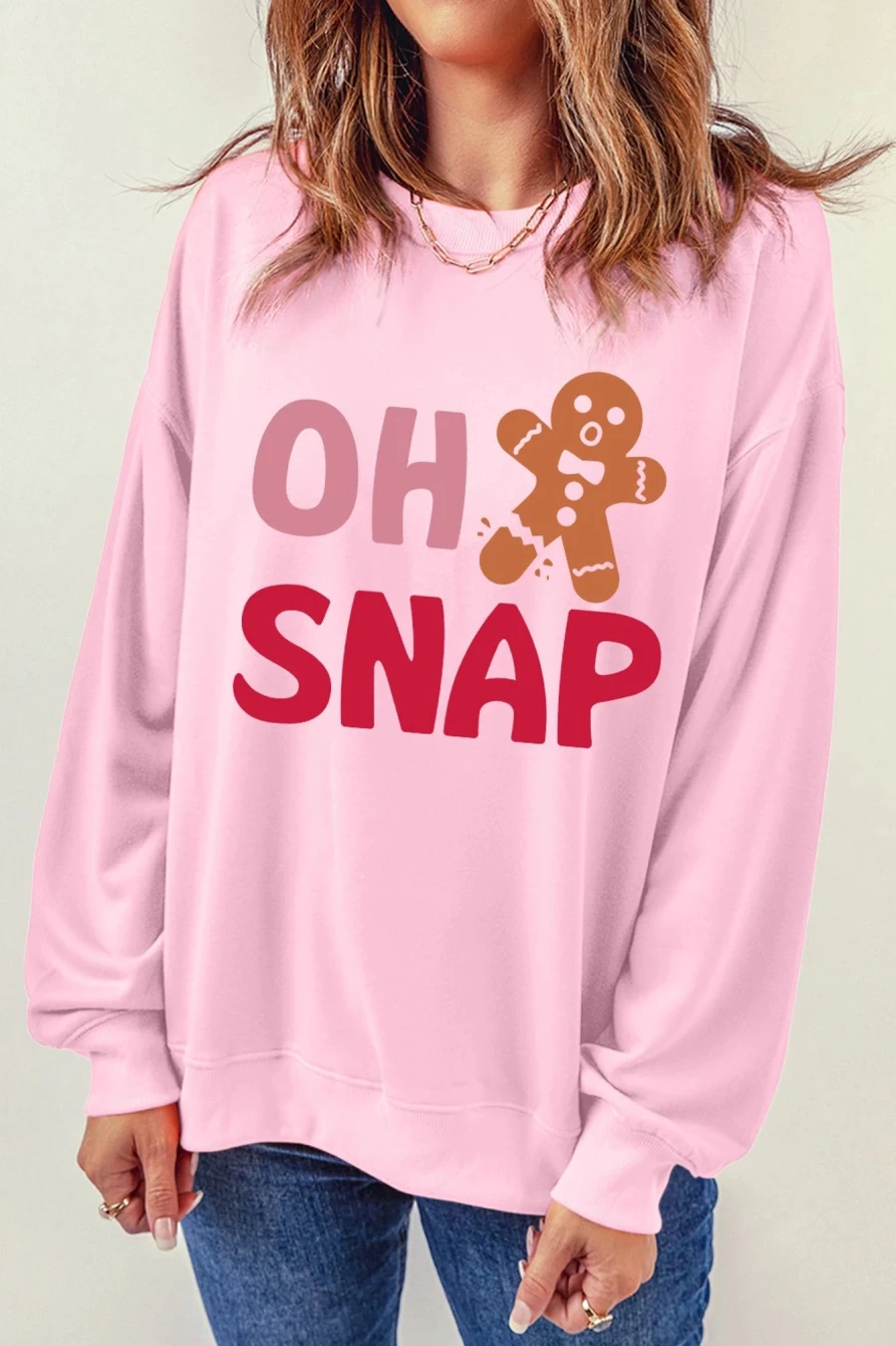 Women's Pink Christmas Gingerbread Man Graphic Sweatshirt - Shewin Holiday Funny Xmas Pullover Cozy Casual Crewneck