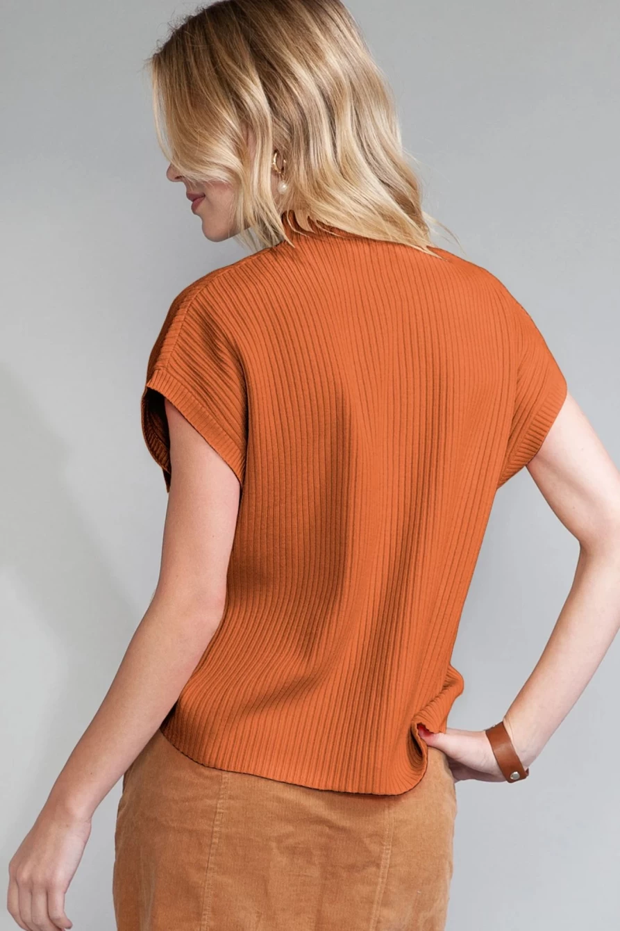 Shewin Women's Gold Flame Ribbed Knit Sweater with Patch Pocket Short Sleeve Top