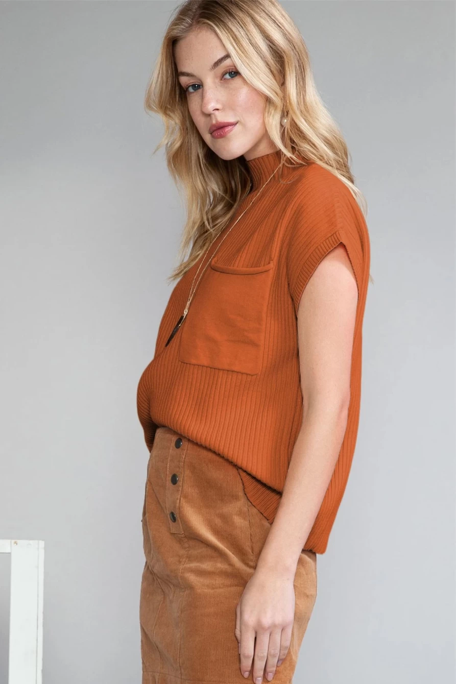 Shewin Women's Gold Flame Ribbed Knit Sweater with Patch Pocket Short Sleeve Top