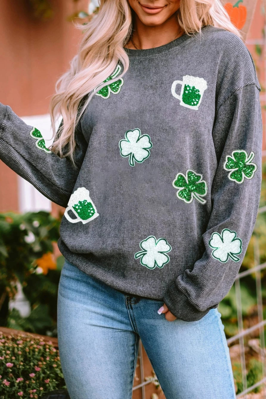Shewin Women's Gray St Patrick's Day Sequin Clover Graphic Hooded Sweatshirt