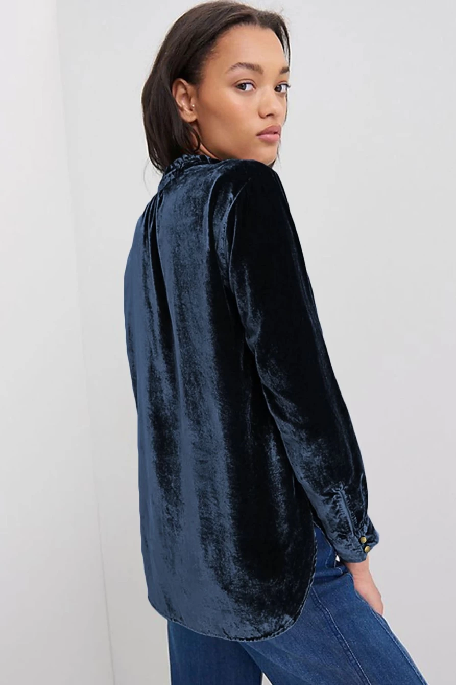 Shewin Women's Navy Blue Velvet Blouse with Frill Detail & Buttoned V-Neck