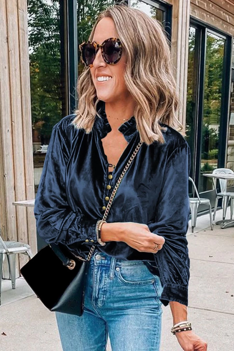 Shewin Women's Navy Blue Velvet Blouse with Frill Detail & Buttoned V-Neck