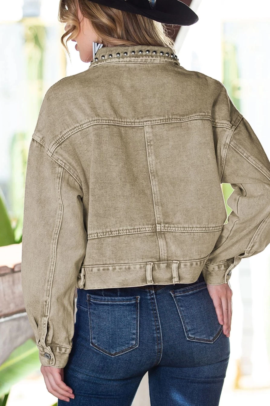 Shewin Women's Flaxen Cropped Denim Jacket with Rivets & Pockets
