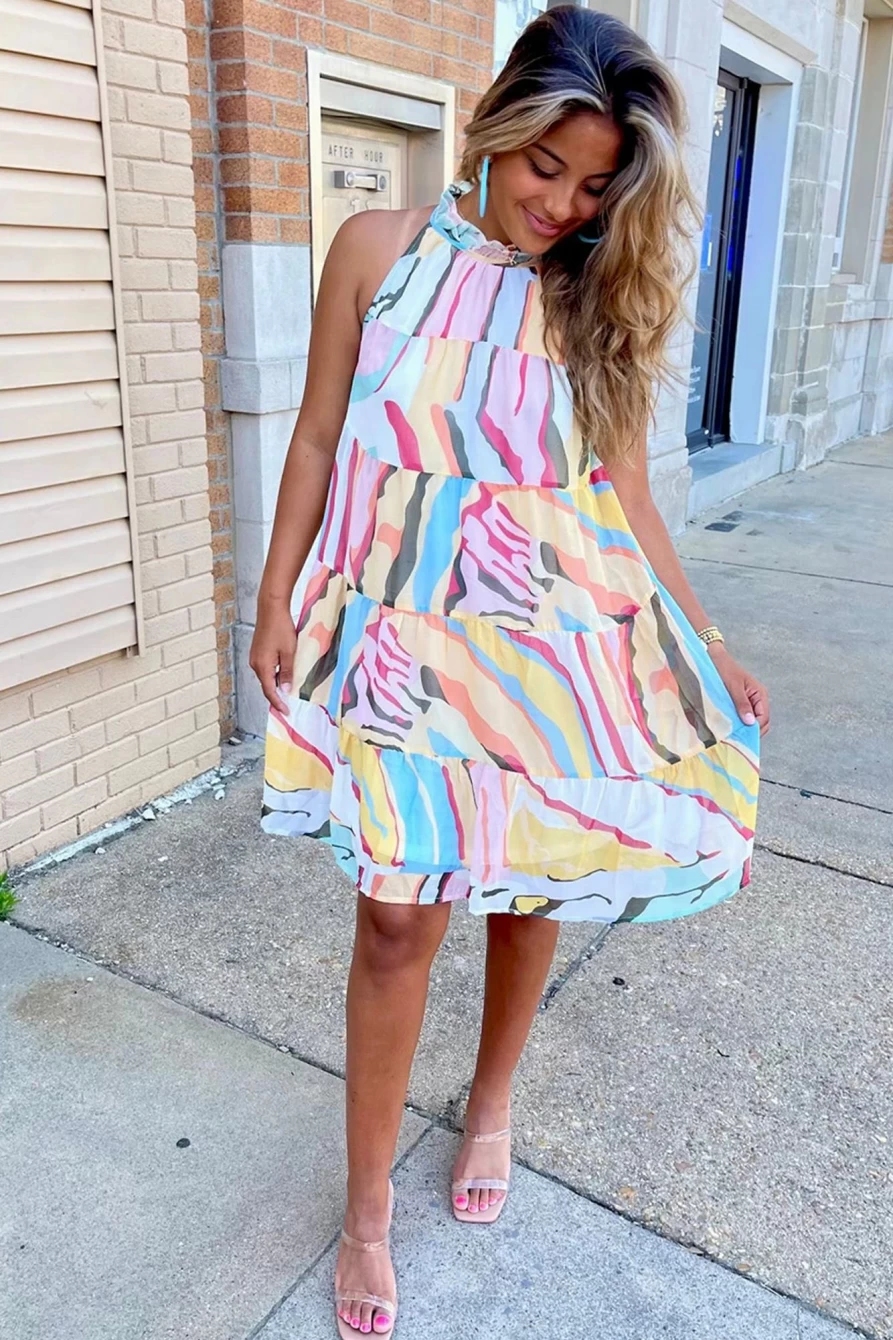 Shewin Women's Multicolor Abstract Print Sleeveless Tiered Flowy Summer Dress