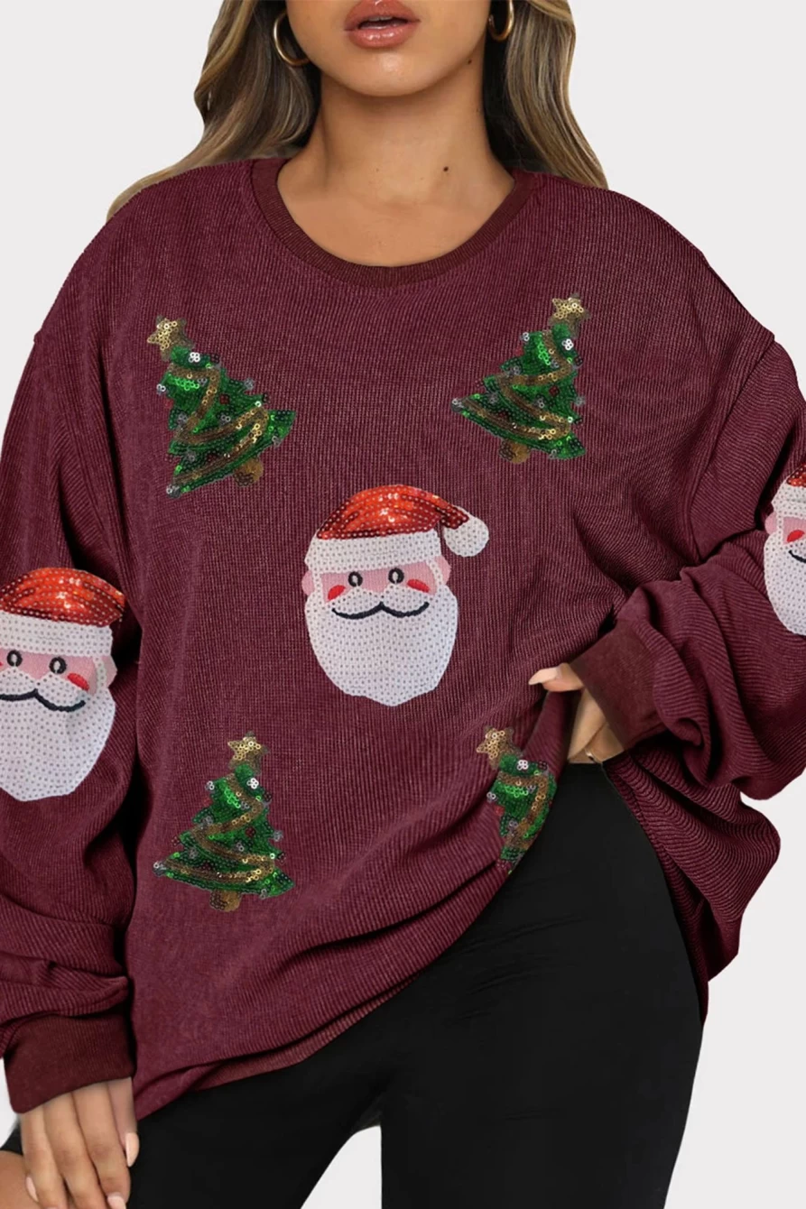 Shewin Women's Burgundy Christmas Sweatshirt with Santa & Tree Design - Plus Size Corded Top