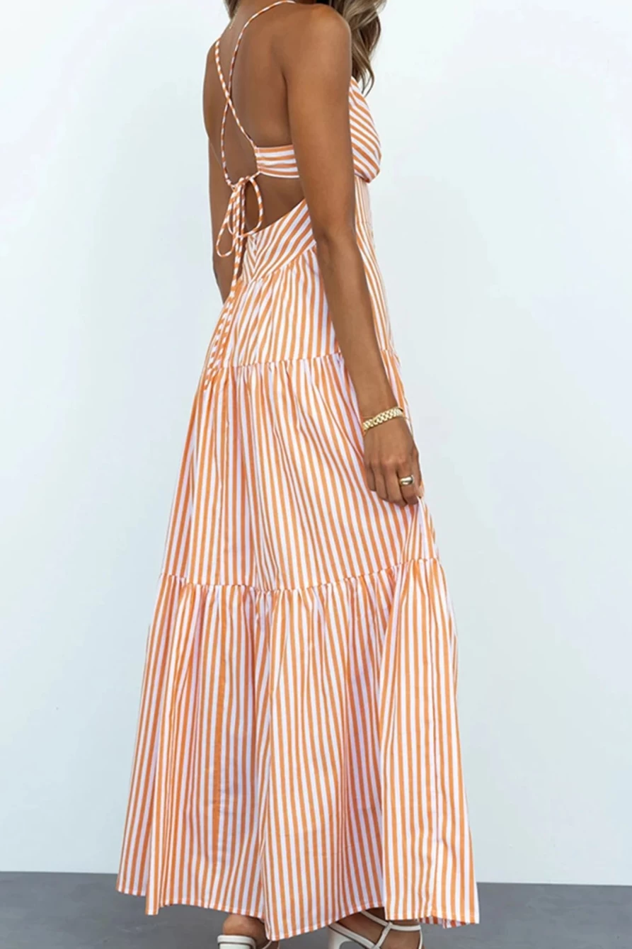 Shewin Women's Orange Stripe Print Suspender Tie Up Maxi Dress