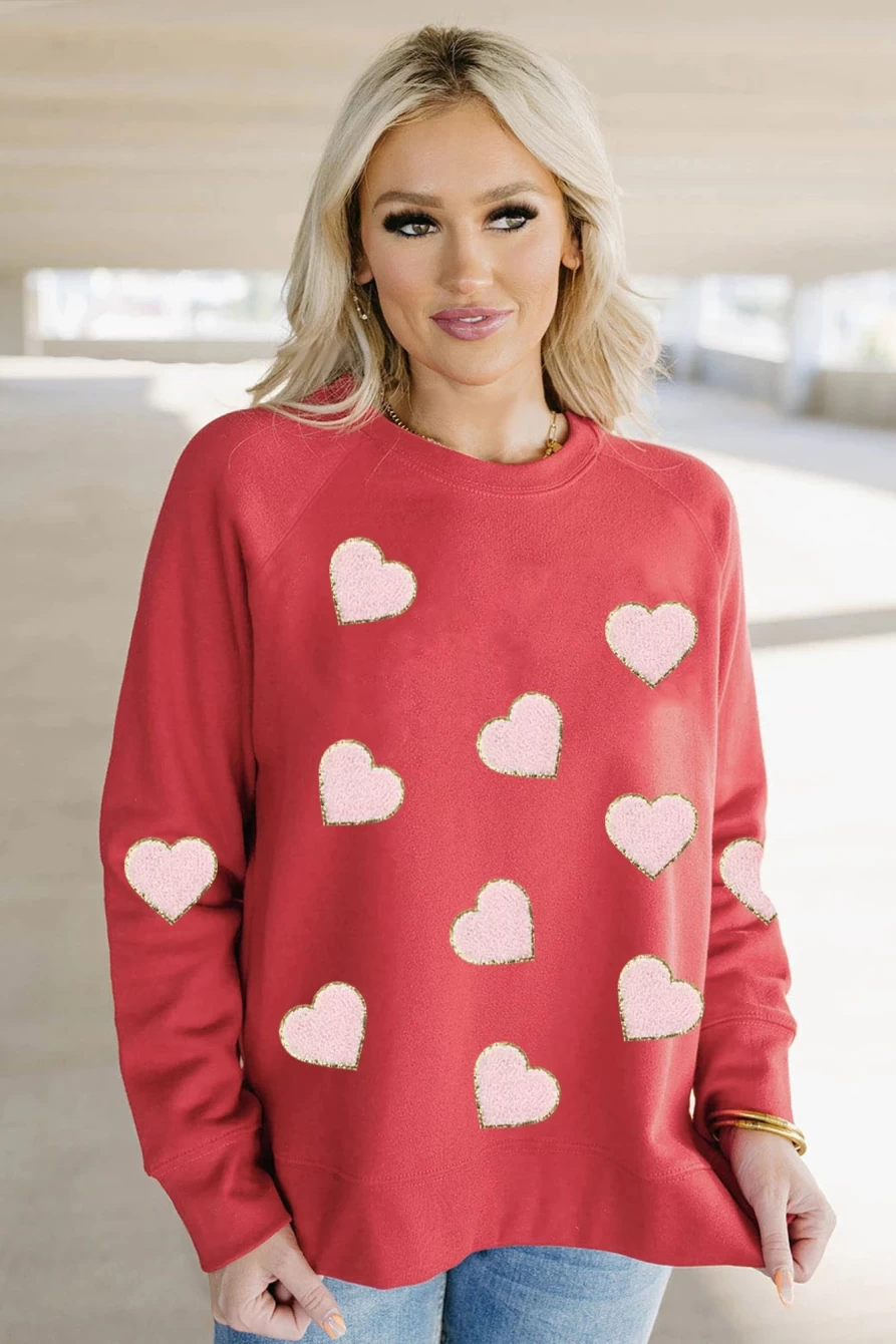 Women's Red Heart Glitter Chenille Patch Graphic Sweatshirt | Shewin