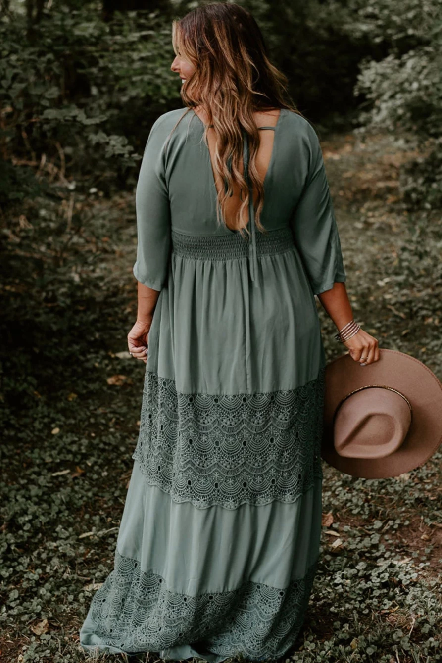 Shewin Women's Mist Green Plus Size Maxi Dress with 3/4 Sleeve, Smocked Detail & Lace Decoration