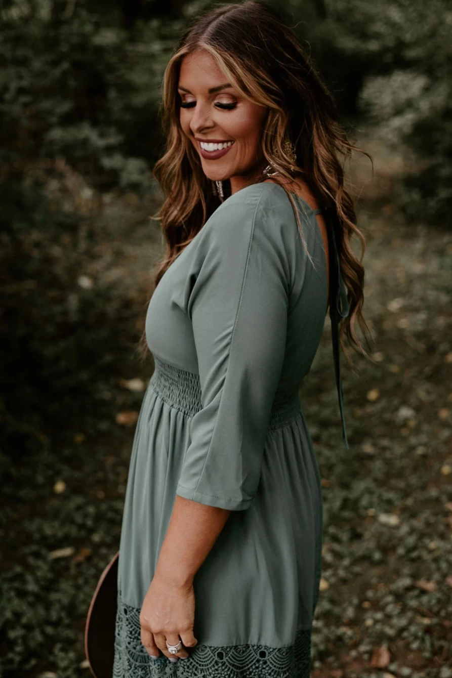 Shewin Women's Mist Green Plus Size Maxi Dress with 3/4 Sleeve, Smocked Detail & Lace Decoration