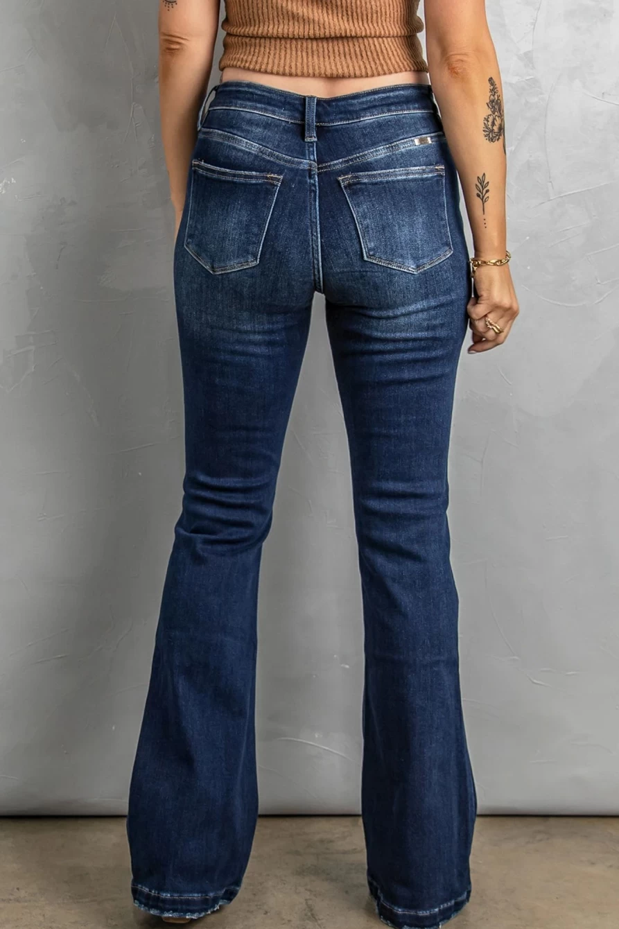 Shewin Women's Blue Dark Washed Distressed Flare Bootcut Jeans for a Vintage Look