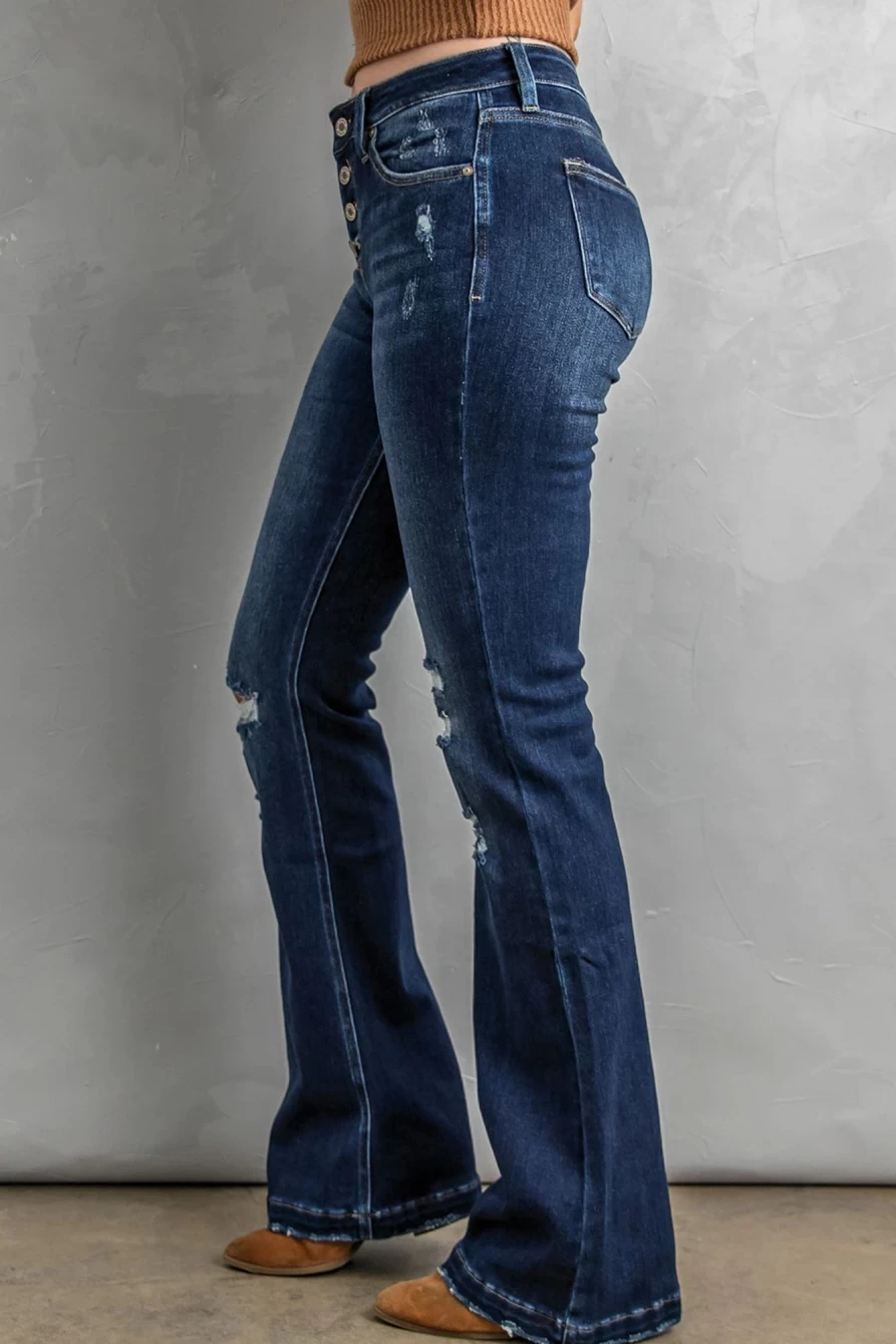 Shewin Women's Blue Dark Washed Distressed Flare Bootcut Jeans for a Vintage Look