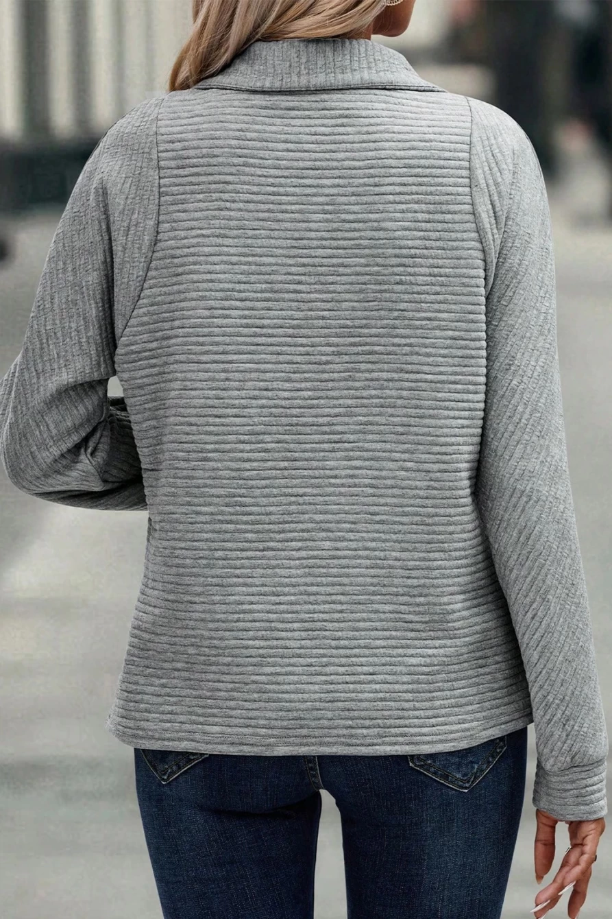 Shewin Women's Medium Grey Ribbed Texture Quarter Zip Sweatshirt
