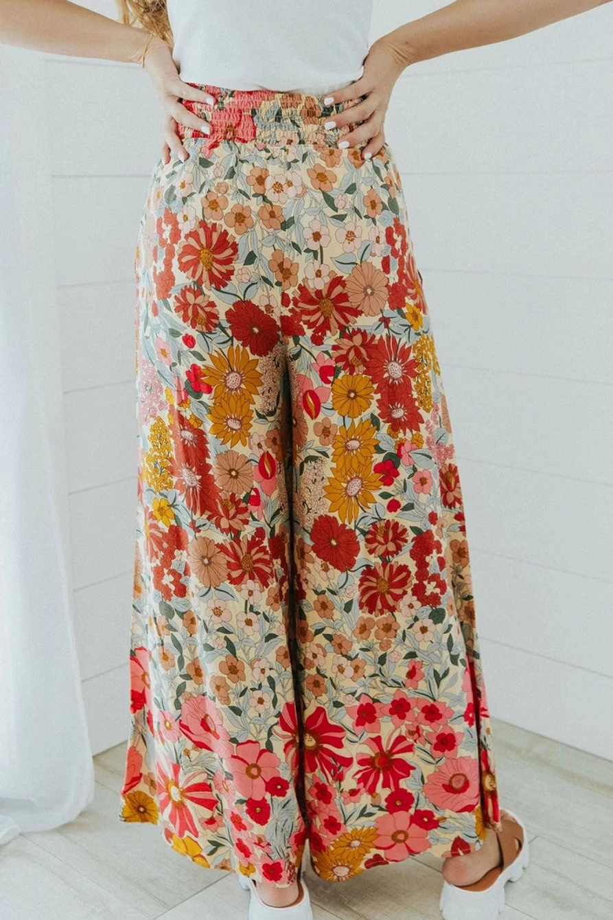 Shewin Women's Boho Floral Smocked Waist Wide Leg Pants in Oatmeal - Comfortable & Stylish Bohemian Trousers