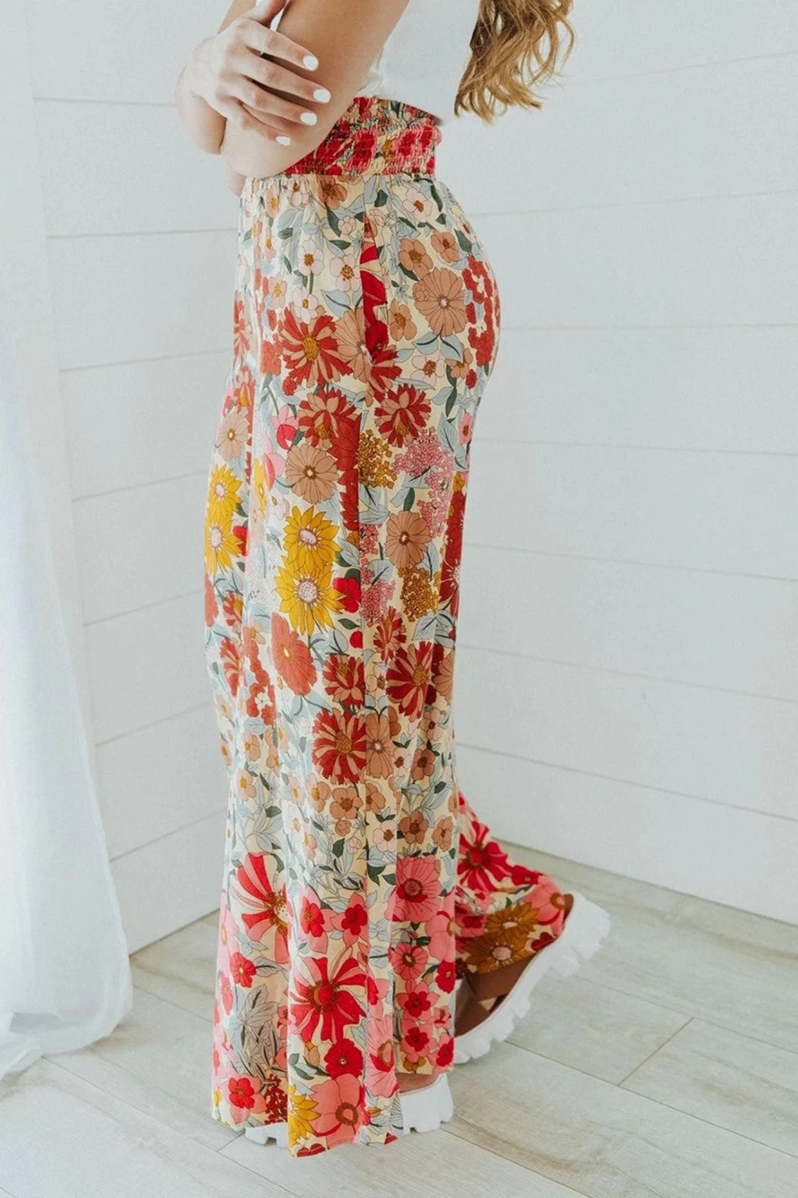 Shewin Women's Boho Floral Smocked Waist Wide Leg Pants in Oatmeal - Comfortable & Stylish Bohemian Trousers